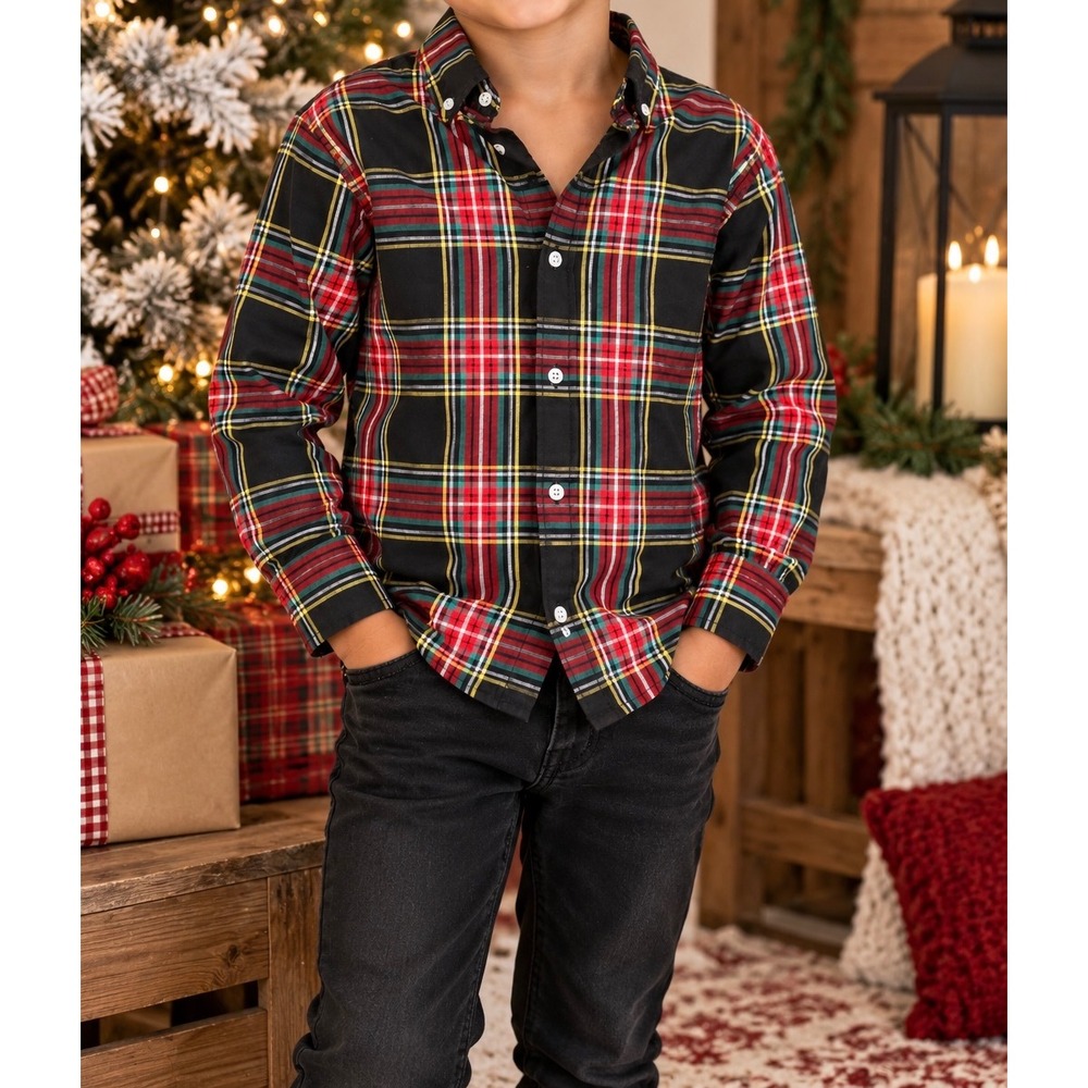 Crewcuts Boys Plaid Button Down Shirt Red Green Black Holiday Christmas Size 4-5